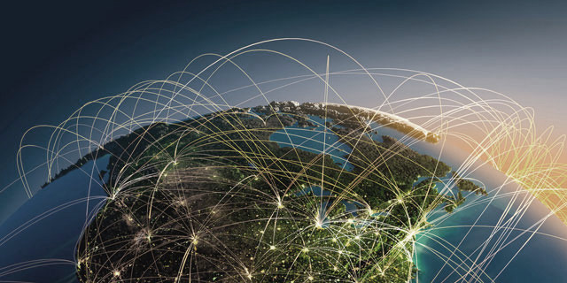 Global network of connected data centres illuminated at night